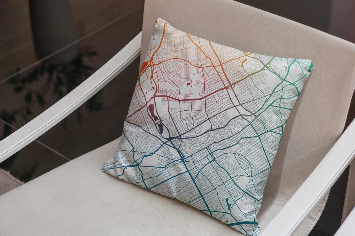 color gradient map of the queens nyc grid on white square faux suede throw pillow.