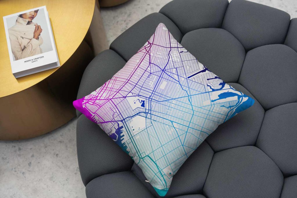 Grid of brooklyn throw pillow. Faux suede material, square shape.