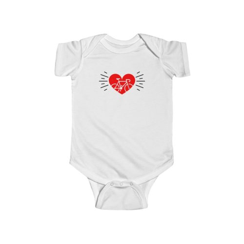 Bicycle Love Baby Onesie, cotton baby onesie with short sleeves and red heart graphic with a bicycle.