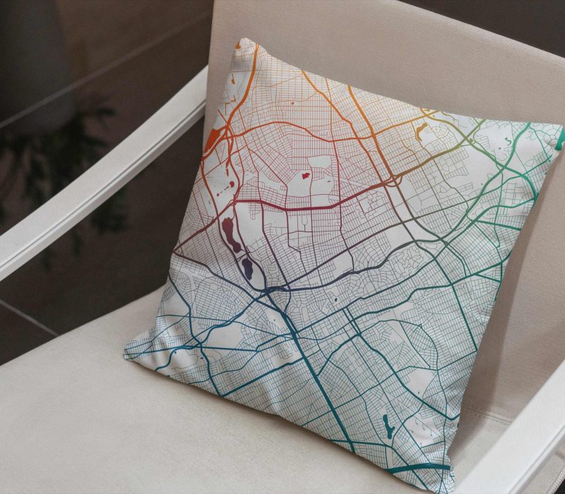 color gradient map of the queens nyc grid on white square faux suede throw pillow.