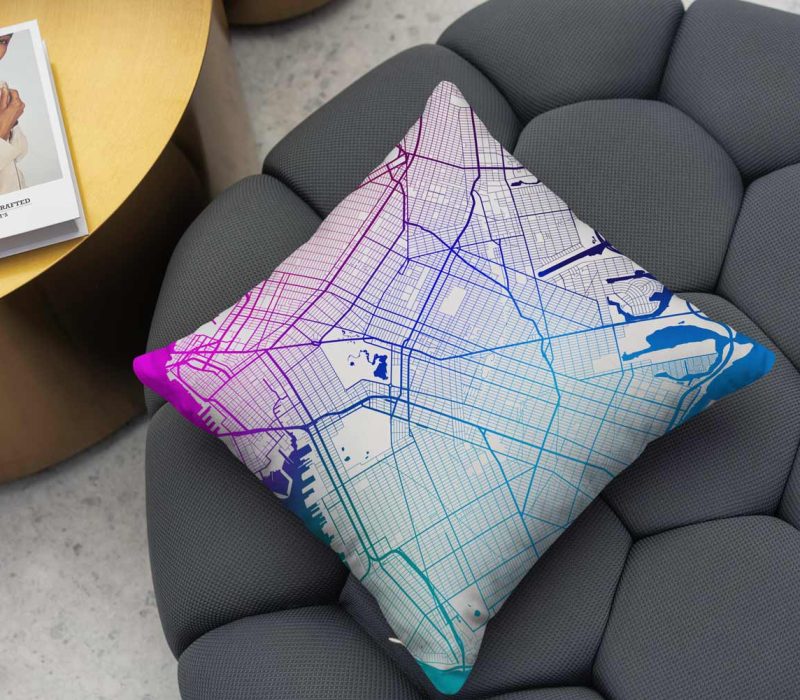 Grid of brooklny throw pillow. Faux suede material, square shape.